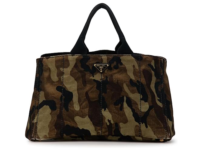 Bolso Tote Stampata Canapa De Camuflaje Grande De Prada Marrón Castaño Lienzo  ref.1413050