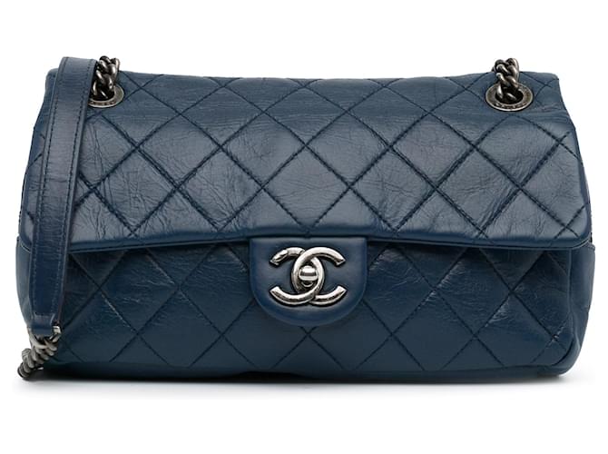 Blue Chanel Medium Aged Calfskin Duo Color Flap Crossbody Bag Leather  ref.1413073