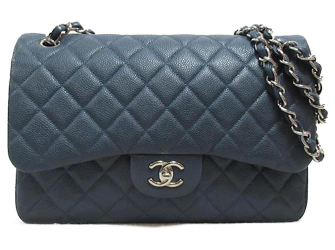 Bolsa de ombro Chanel Jumbo Classic Caviar azul com aba Couro  ref.1413106