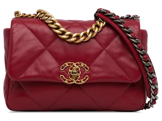 Red Chanel Medium Lambskin 19 Flap Satchel Leather  ref.1413187