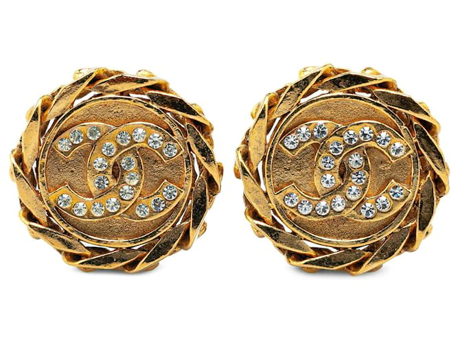 Gold Chanel Gold Plated CC Crystal Clip On Earrings Golden  ref.1413234