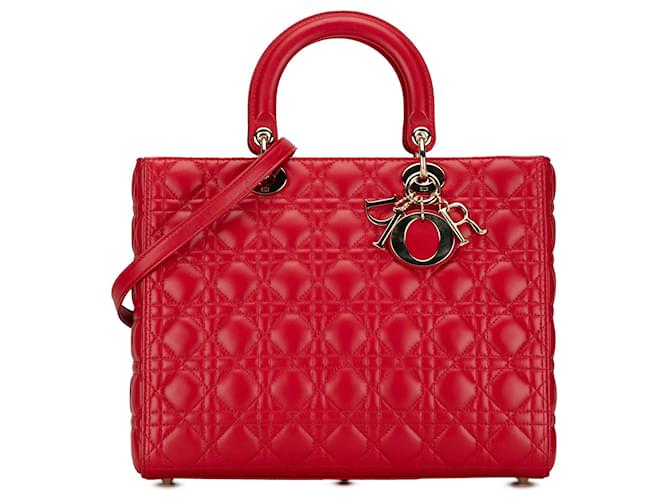 Red Dior Large Lambskin Cannage Lady Dior Satchel Leather  ref.1413269