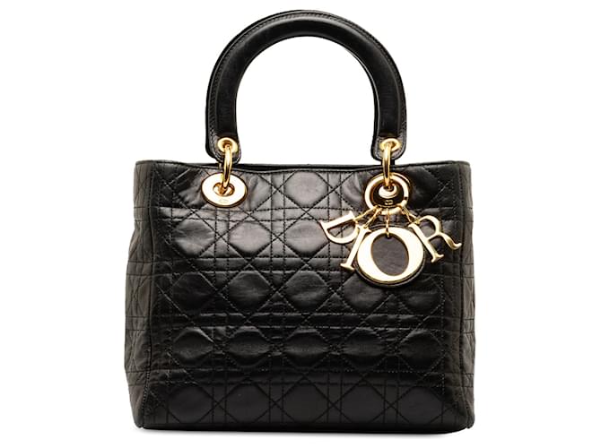 Schwarze Dior Medium Cannage Lady Dior Umhängetasche aus Lammleder  ref.1413321