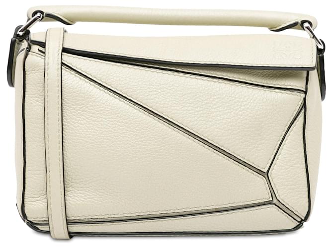 LOEWE White Mini Puzzle Satchel Cream Leather Pony-style calfskin  ref.1413476