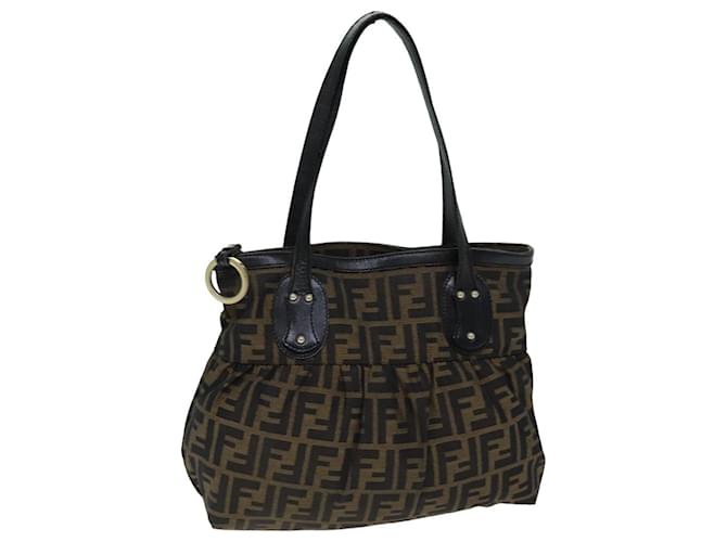 Sac cabas en toile FENDI Zucca Noir Marron Auth 76722 Cuir  ref.1413653