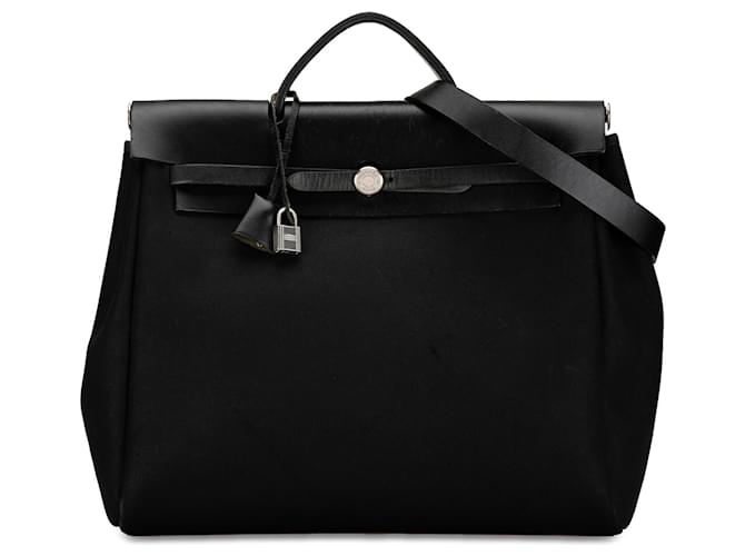 Black Hermès Toile Herbag MM Satchel Leather  ref.1413743