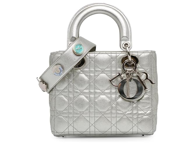 Dior prata pequena pele de cordeiro Cannage My Lady Dior Lucky Badges Couro  ref.1413892