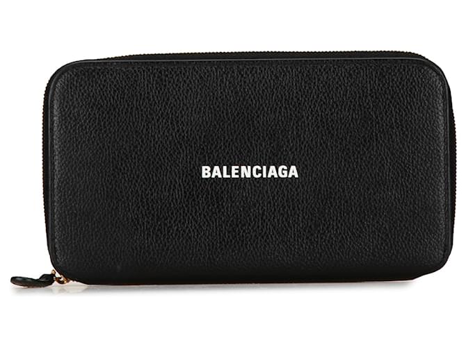 Balenciaga Black Calfskin Logo Everyday Continental Zip Around Wallet Leather Pony-style calfskin  ref.1413926