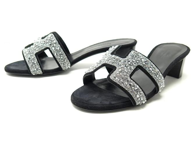 Hermès HERMES OASIS SHOES 35 SWAROVSKI CRYSTAL SUEDE HEELED MULE SANDALS Black  ref.1414005