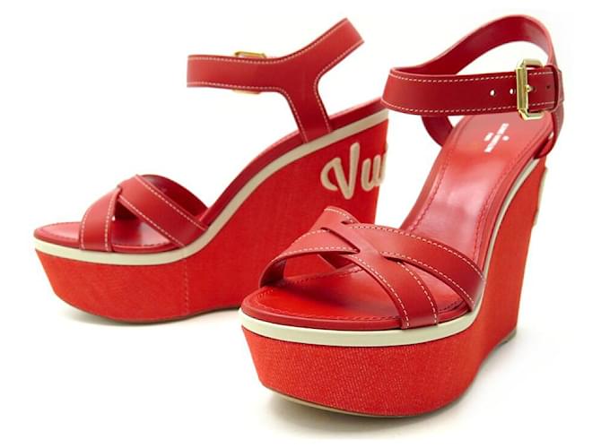 NEW LOUIS VUITTON WATERFALL WEDGE SHOES 38.5 LEATHER WEDGE SANDALS Red  ref.1414020