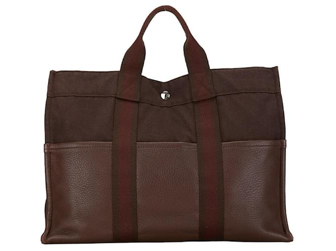 Hermès Hermes Fluto MM Leather Canvas Tote Bag in Very Good Condition Brown Cloth  ref.1414079