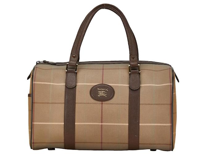 Burberry Burberry Canvas Leather Check Handbag Canvas Handbag in Very Good Brown Cloth  ref.1414085