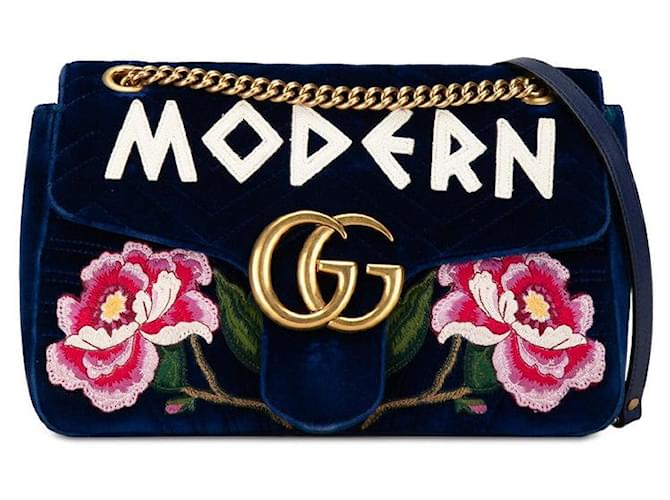 Gucci GG Marmont Veloursleder Schultertasche 443496 in sehr gutem Zustand Blau Leinwand  ref.1414095