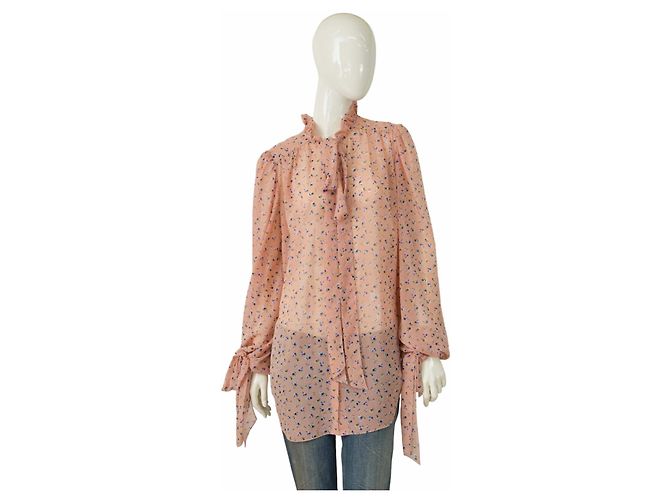 Autre Marque Camicia Poustovit rosa floreale trasparente con grandi fiocchi