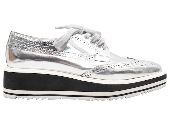 Silver & Black Prada Metallic Leather Platform Brogues Size 37.5 Silvery Cloth  ref.1414368