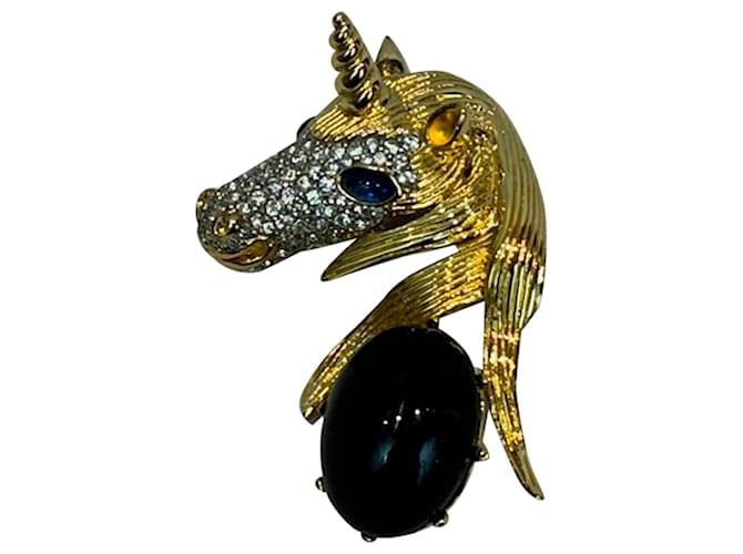 Autre Marque Vintage Gold-Tone Rhinestone & Cabochon Unicorn Brooch Golden  ref.1414370