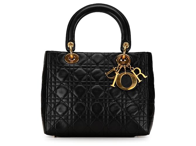 Black Dior Medium Lambskin Cannage Lady Dior Satchel Leather  ref.1414462