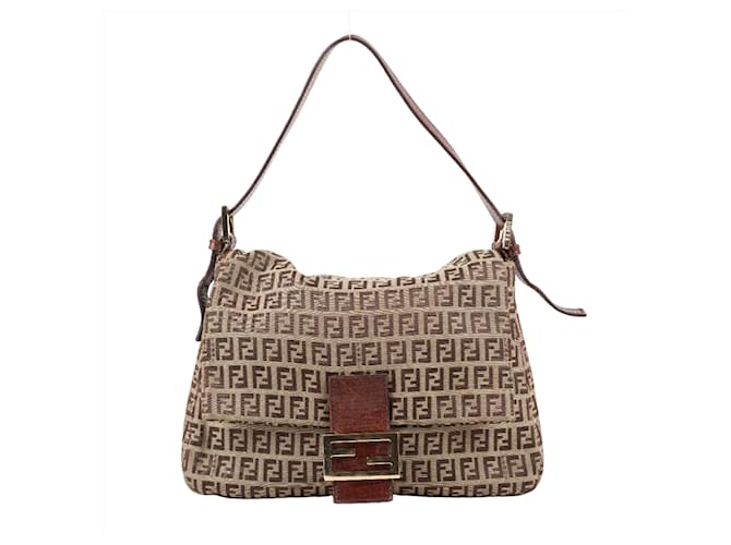 FENDI Mamma Baguette Zucchino Bolso de hombro de lona y piel Castaño 8BR001 Cuero  ref.1414511