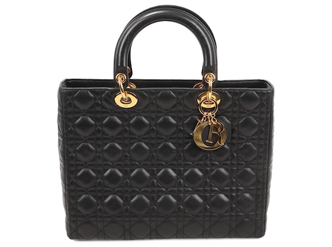 Christian Dior Large Lady Dior Cannage Lambskin Handbag in Black Leather  ref.1414521