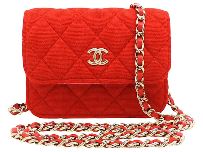 Classique Chanel Portefeuille Sur Chaîne Coton Rouge  ref.1414966