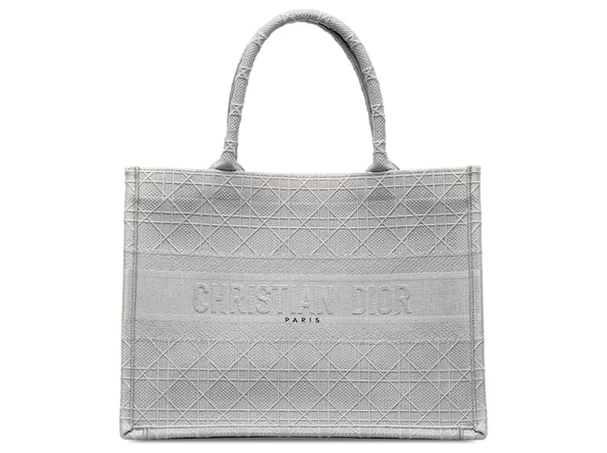 Graue mittelgroße Cannage-Buchtasche von Dior mit Stickerei Braun Leinwand Tuch  ref.1415276