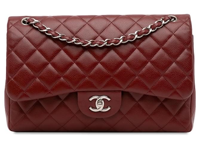 Chanel Red Jumbo Classic Kaviar gefütterte Klappe Rot Bordeaux Leder  ref.1415345