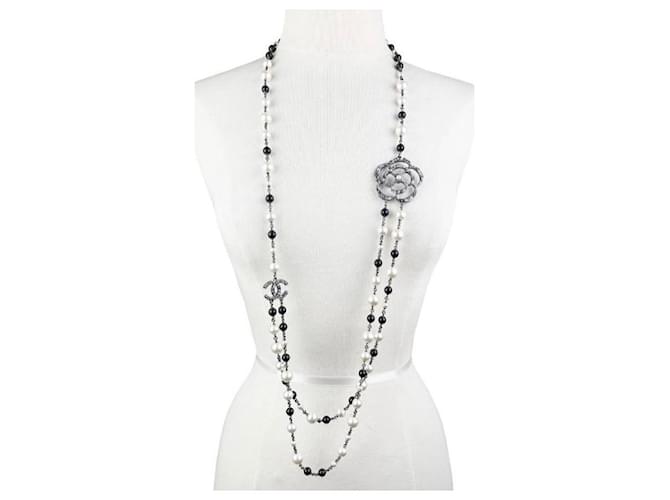 Chanel Necklaces Black Silvery White Silver Metal Pearl  ref.1415357