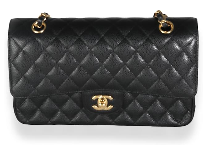 Chanel Black Quilted Caviar Medium Sac à rabat doublé classique Cuir Noir  ref.1415547