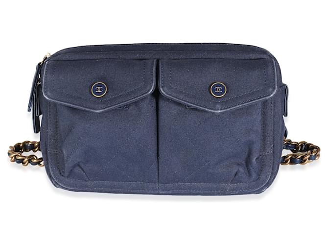 Chanel Navy Canvas lined Pocket Waist Bag Blue Cloth  ref.1415558