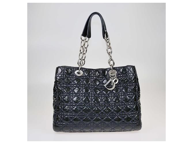 Bolsa Dior Cannage Azul Escuro Grande Suave Lady Dior Couro  ref.1415695