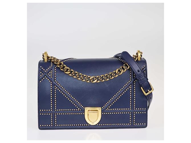 Dior Dark Blue Medium Studded Diorama Shoulder Bag Leather  ref.1415696