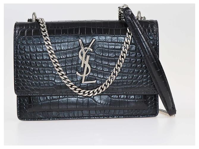 Saint Laurent Black Croc Embossed Sunset Wallet On Chain Leather  ref.1415719