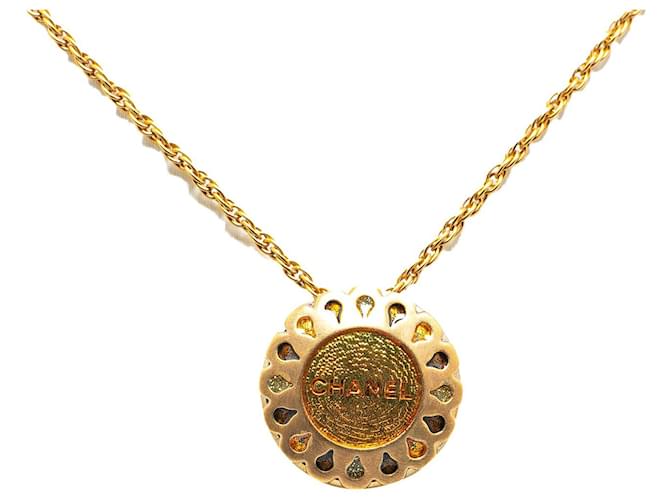 Gold Chanel Gold Plated Rhinestone Flower Pendant Necklace Golden  ref.1415859