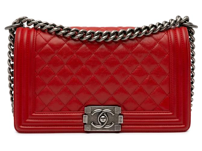 Red Chanel Medium Lambskin Boy Flap Crossbody Bag Leather  ref.1415893