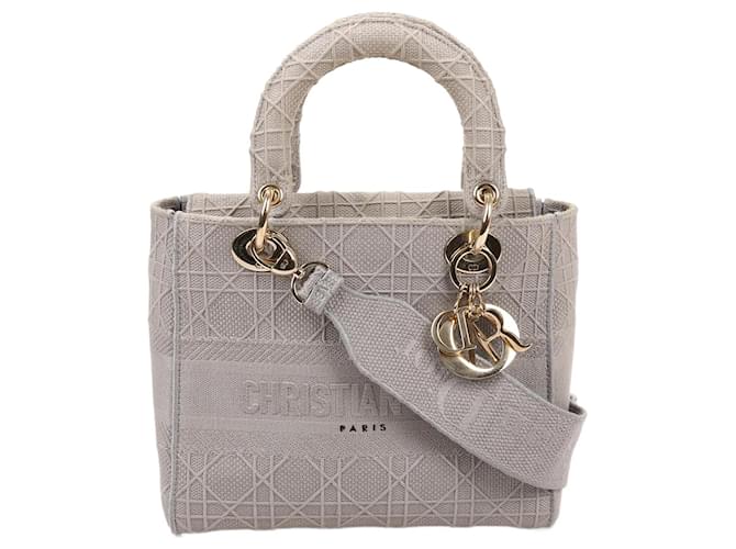 Christian Dior D-Lite Cannage besticktes Canvas-Medium 2Way Handtasche Grau Leinwand  ref.1415933