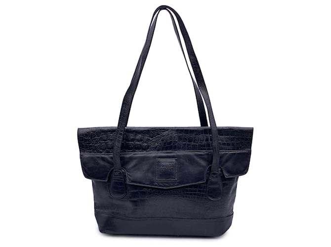 Autre Marque Vintage Black Embossed Leather Tote Shoulder Bag  ref.1416110