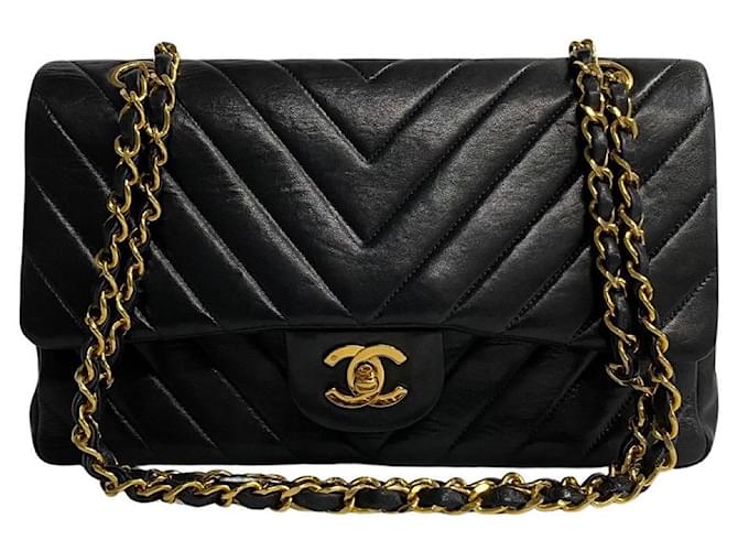 Sac à bandoulière en cuir Chanel Medium Chevron Double Flap en très bon état  ref.1416253