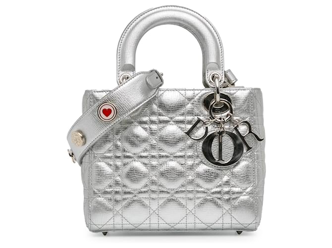 Dior Silver Small Metallic Grained calf leather Cannage Lucky Badges My Lady Dior Silvery Pony-style calfskin  ref.1416315