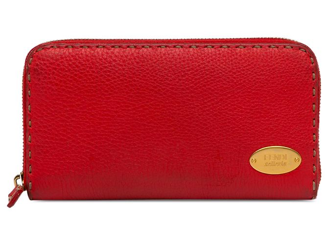 Fendi Red Leather Selleria Zip Around Long Wallet