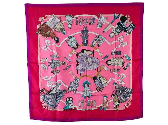 Hermès Carrê de seda Hermes 90 Hello Dolly Boneca Padrão Cachecol em Ótimo Estado Rosa