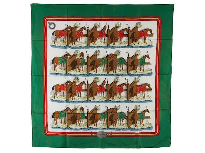 Hermès Hermes Silk 90 ECURIES Horse Pattern Scarf in Very Good Condition Green Cotton  ref.1416460