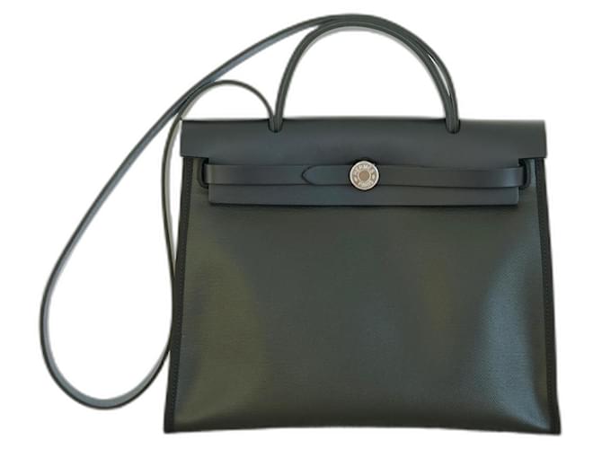 Hermès NEW Hermes Herbag 31 Black Navy blue Leather Cotton