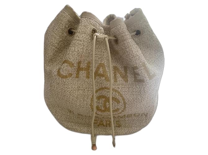 Cambon Bolso cubo con cordón Chanel Deauville de rafia mediano Blanco Lienzo  ref.1416565