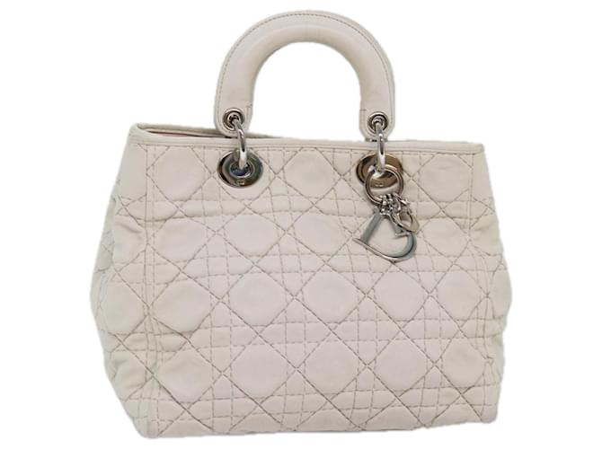 Bolsa de mão Christian Dior Lady Dior Canage Pele de Cordeiro Branca Auth yk12892 Branco  ref.1416574