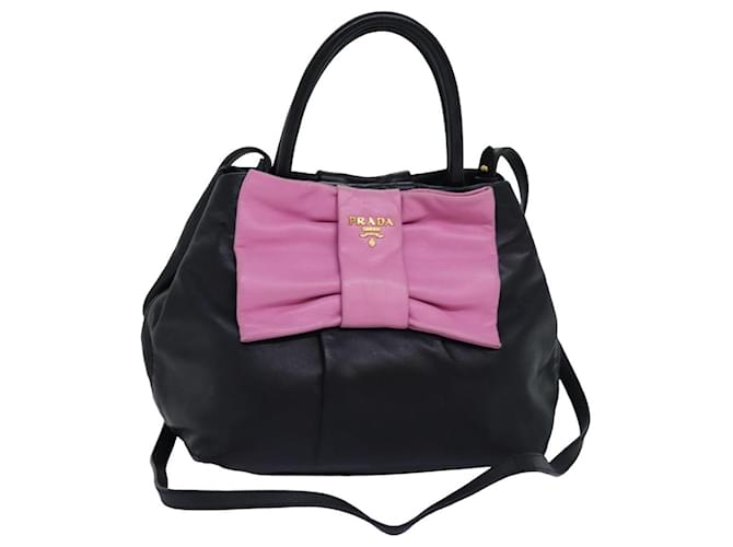 Ribbon PRADA Bolsa de mão com fita de couro 2maneira Black Pink Auth 77209 Preto Rosa  ref.1416644