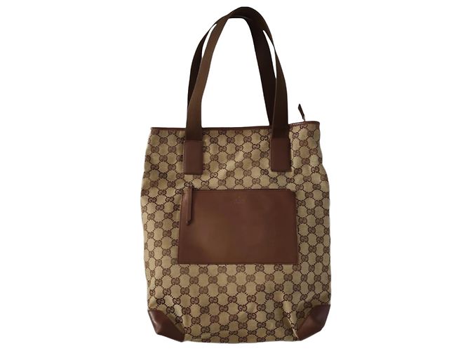 Bolsa tote Gucci marrom de couro e tecido Castanho claro