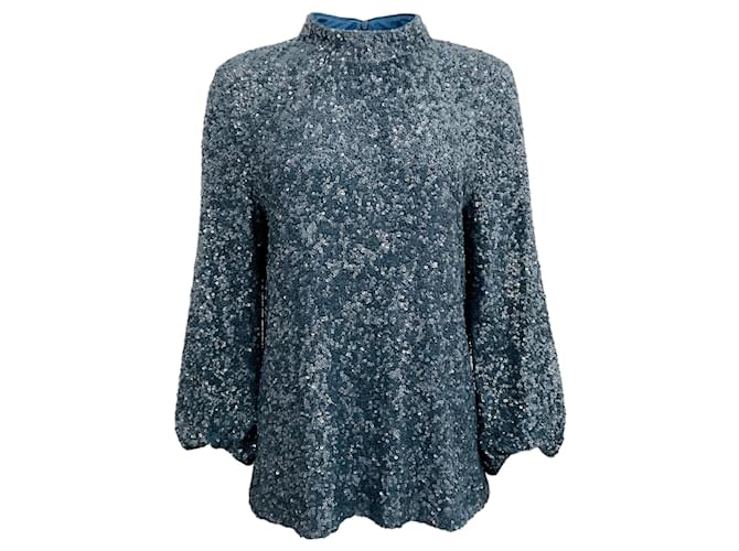 Autre Marque Lafayette 148 New York Blue Sequined Mock Neck Blouse Viscose  ref.1416773