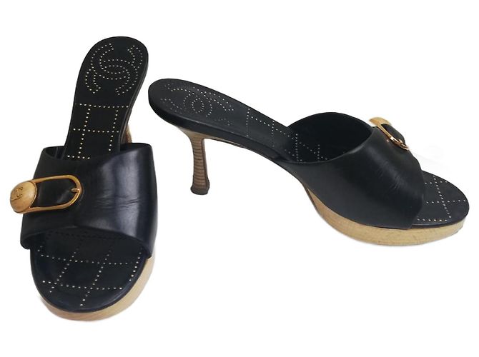 Chanel Black Leather Mules 37