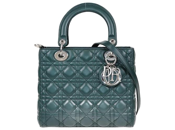 Cabas Dior Cannage Medium Lady Dior vert Cuir  ref.1416807