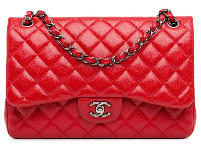 Rote Chanel Jumbo Classic Caviar gefütterte Umhängetasche mit Klappe Leder  ref.1416861